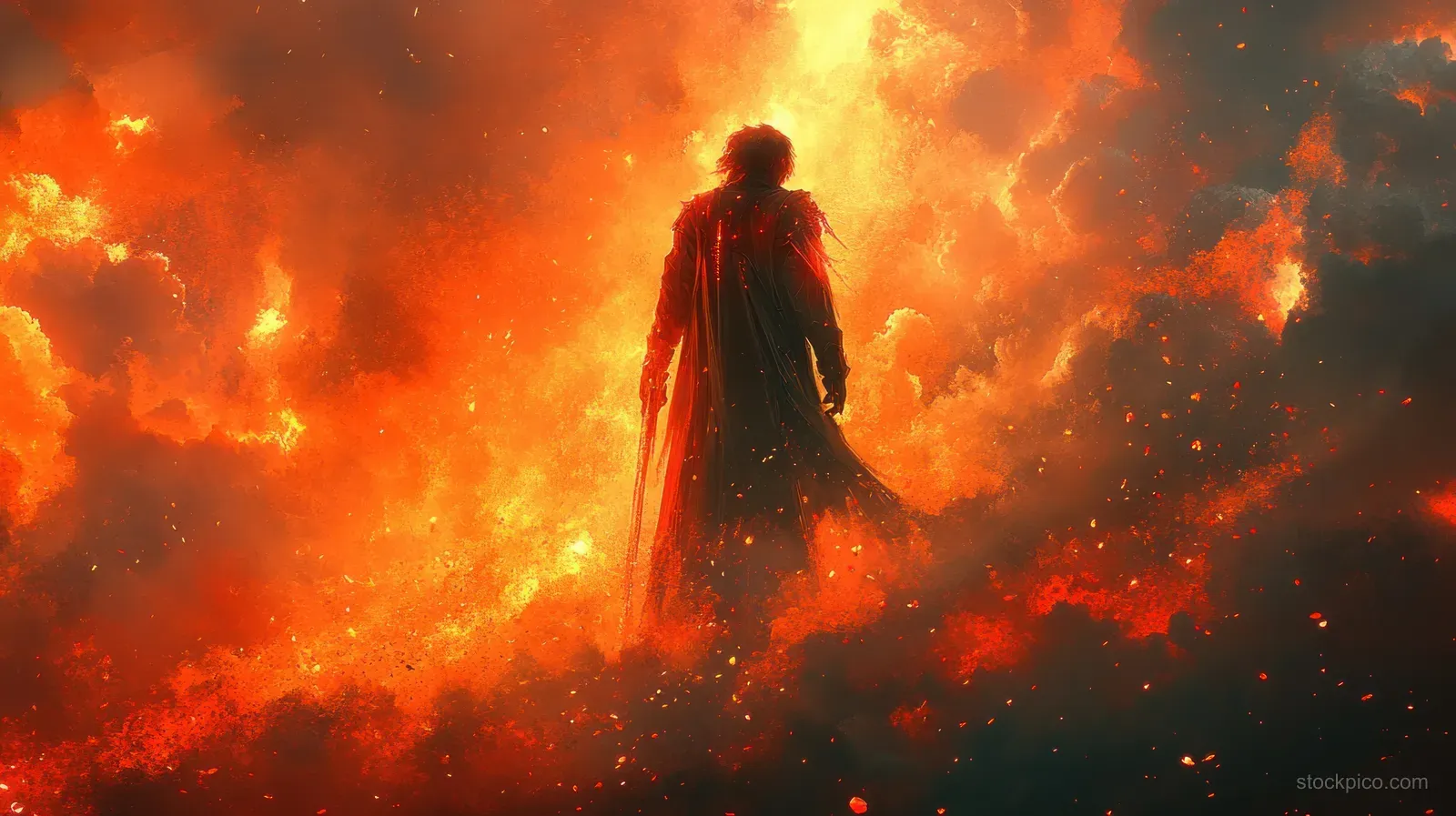 Futuristic warrior girl silhouette rises through smoke and flames, holding glowing lightsaber-like naginata weapons.