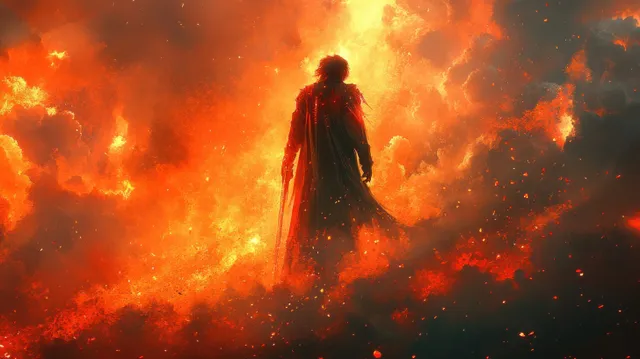 Futuristic warrior girl silhouette rises through smoke and flames, holding glowing lightsaber-like naginata weapons.