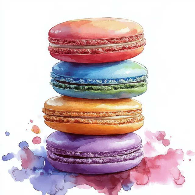 Four stacked pastel macarons in pink, blue, orange, and purple with watercolor splash accents on a white background.