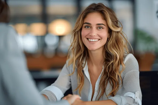 Smiling businesswoman shakes hands with a client across a desk in a bright office meeting.