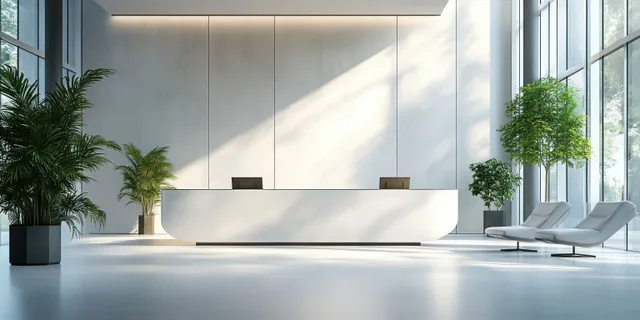 Minimalist office reception lobby with white desk, tall windows, and potted plants in soft sunlight.