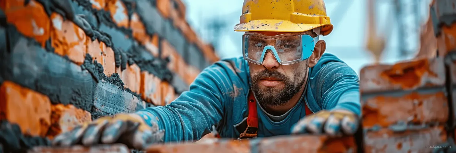 A bricklayer wearing a hard hat and gloves lays red bricks on a wall at a daytime construction site.