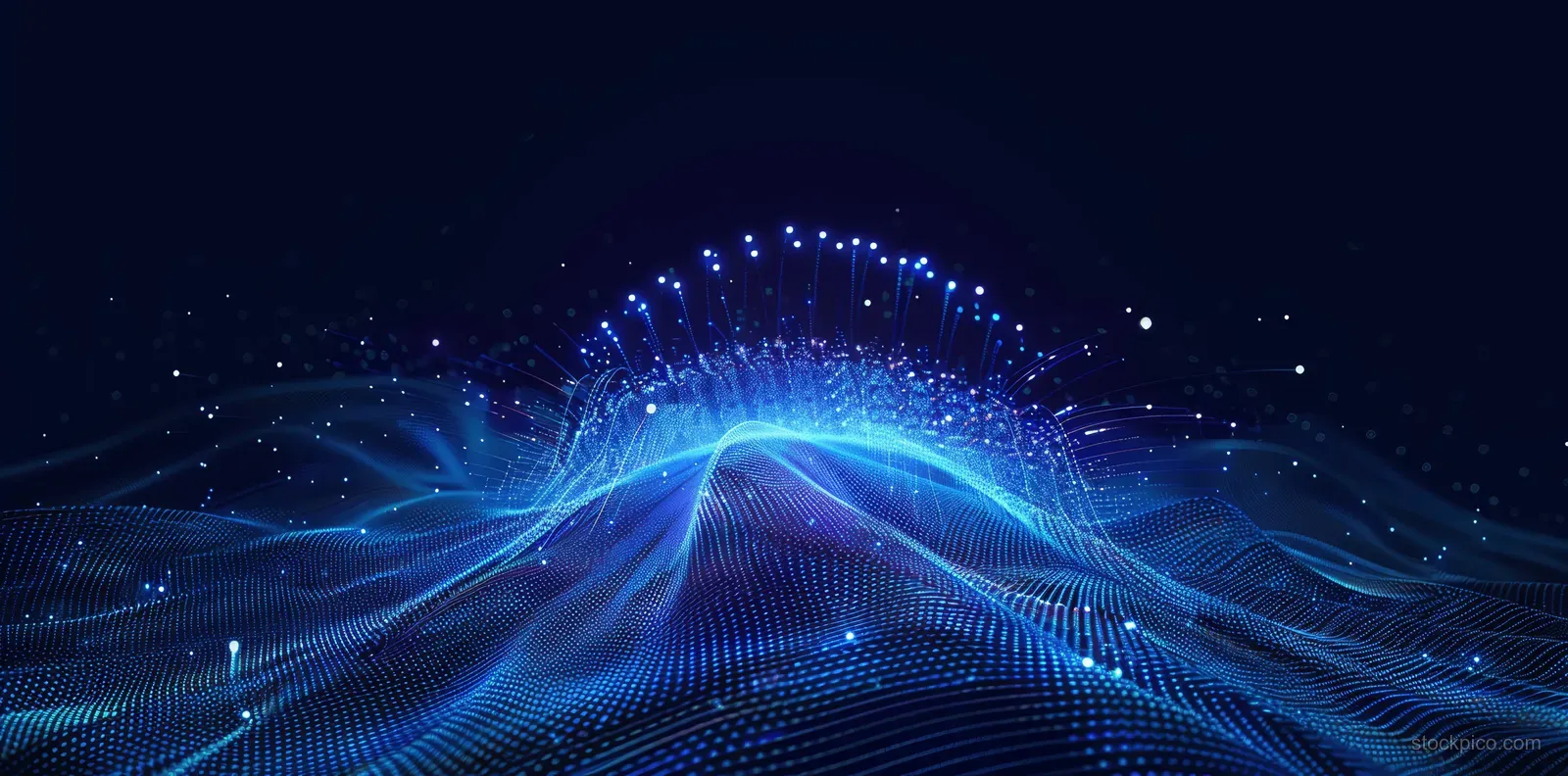 Blue digital waves with glowing particles over a dark background