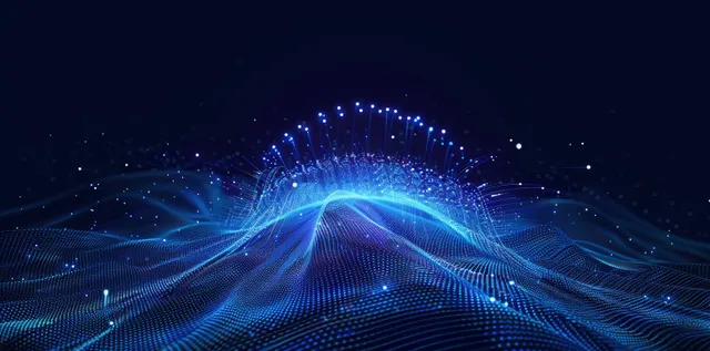 Abstract blue digital wave landscape with glowing particles