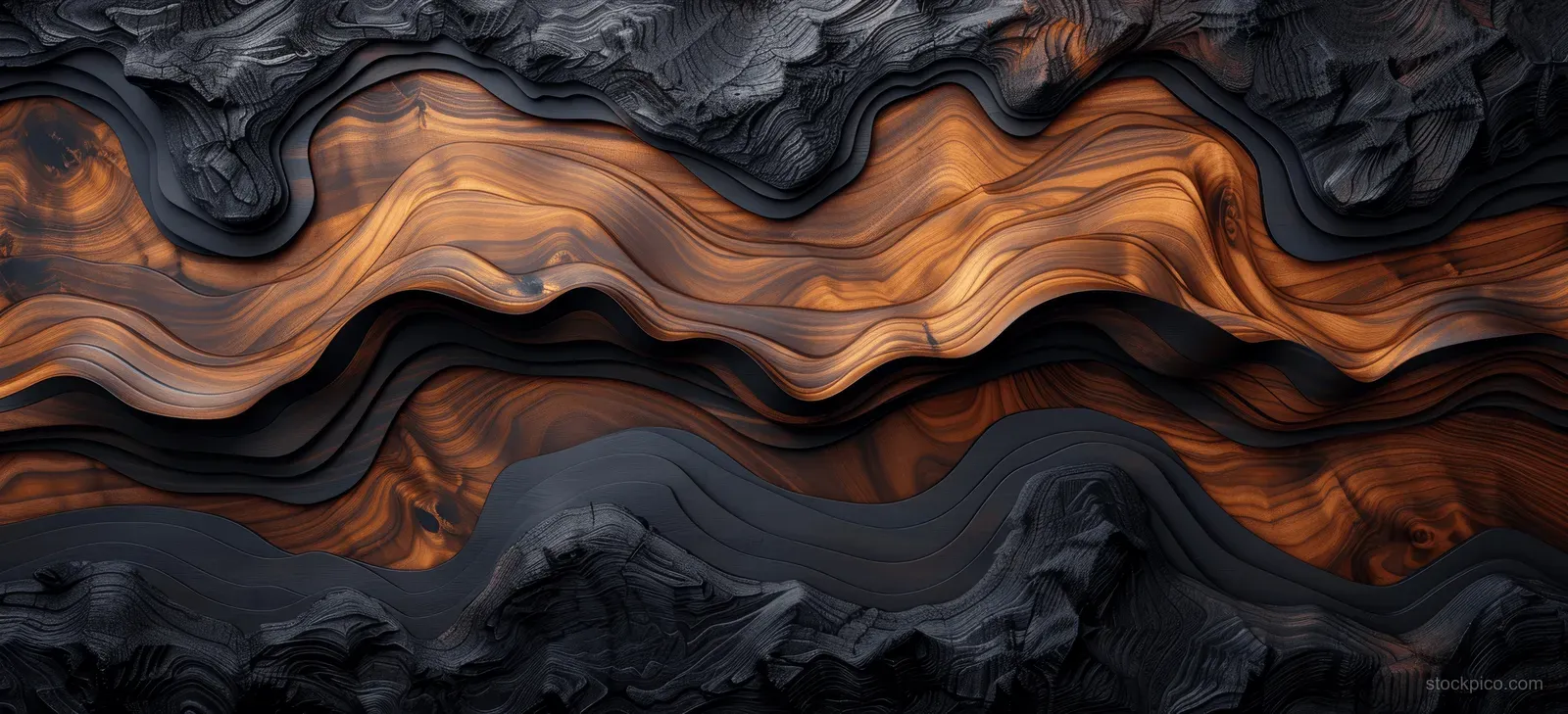Carved dark wood panel shows a wavy relief pattern with warm amber grain and deep grooves.