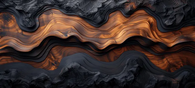 Carved dark wood panel shows a wavy relief pattern with warm amber grain and deep grooves.