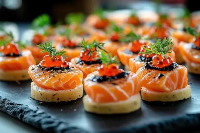Salmon canapés with red and black fish roe and fresh dill arranged on a dark slate platter.