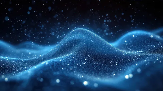 Blue glowing particle waves shimmer across a dark background, forming a smooth flowing landscape.
