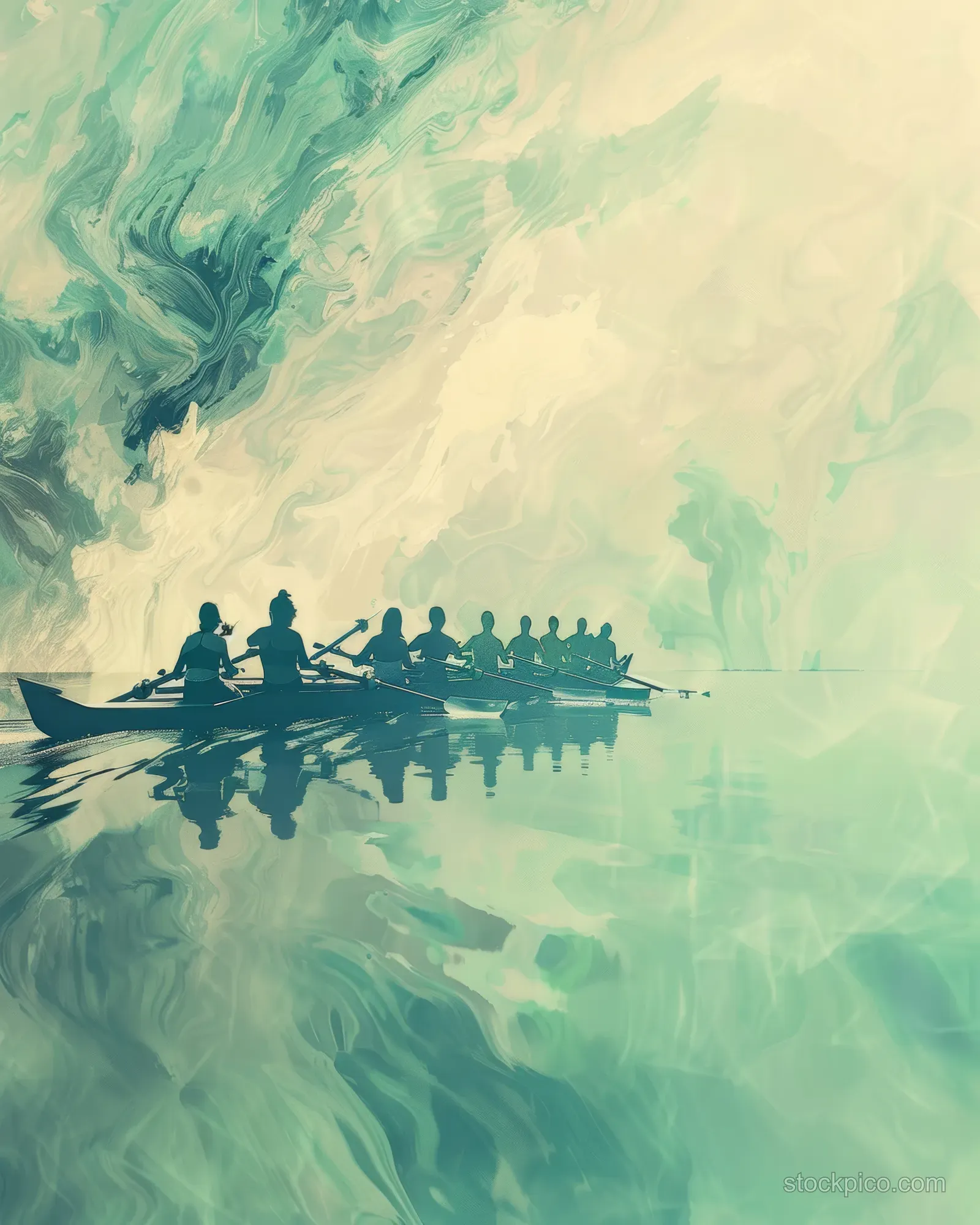 Silhouettes of a women’s rowing four team stroke in a racing boat across rippling pastel water under a cloudy sky.