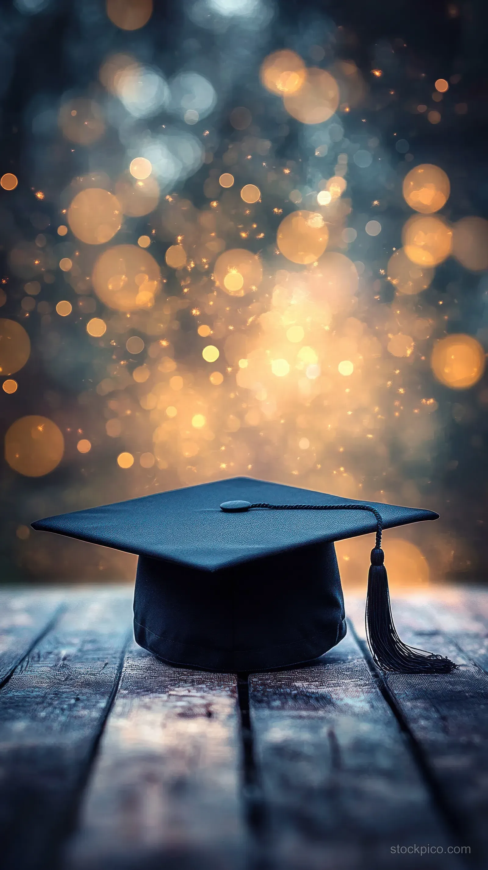 A black graduation cap sits on a wooden table with glowing golden and blue bokeh lights behind.