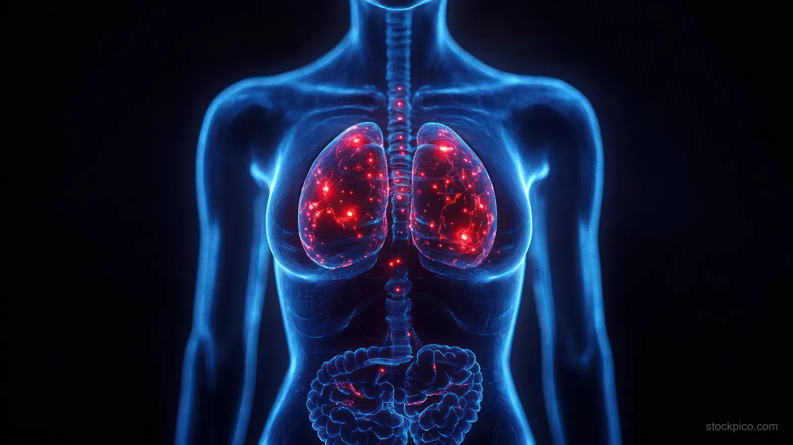 Blue translucent female torso illustration with glowing red neural network lungs and visible digestive organs.