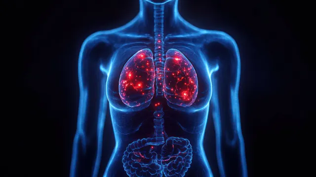 Female torso anatomy illustration showing glowing lungs with red neural network patterns with Neuroscience Inspired Visuals