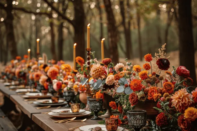 Forest wedding banquet tables lined with candles and autumn flower arrangements at dusk.