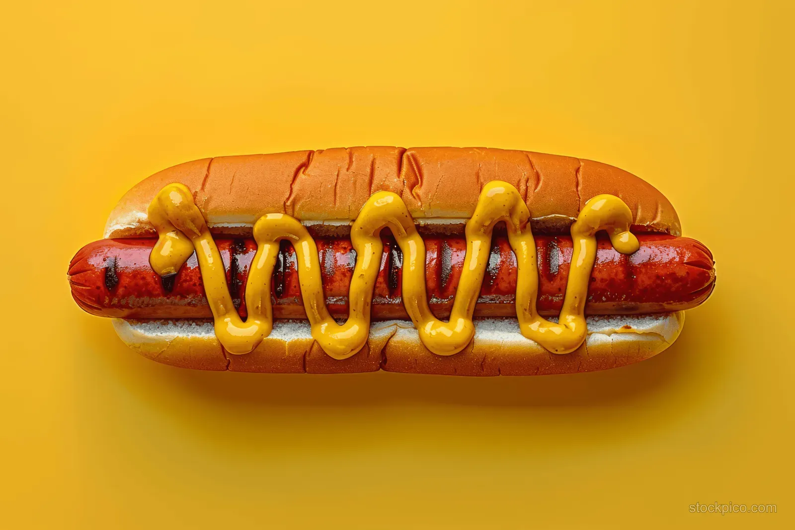 Overhead flat lay of a hot dog topped with mustard stripes on a bright yellow background.