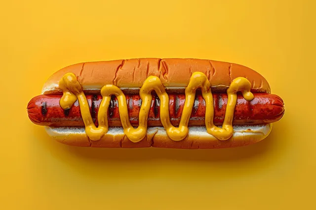 Hot dog with mustard drizzle on bright yellow background, overhead flat lay