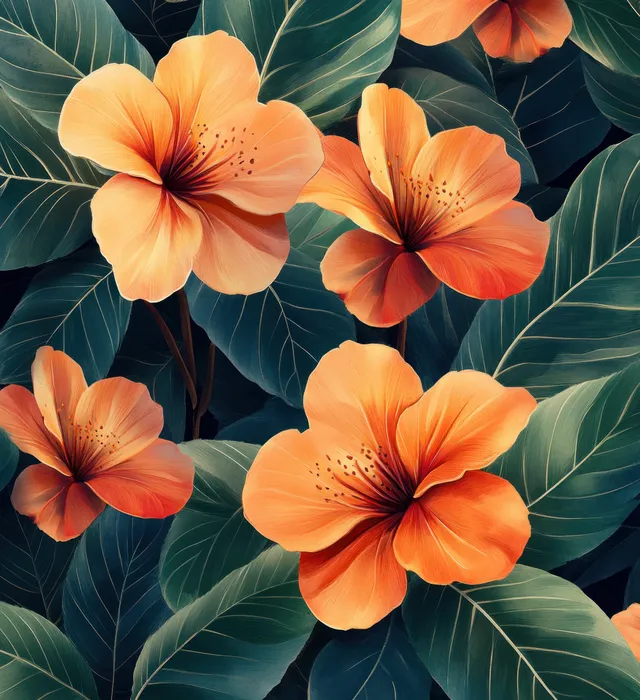 Watercolor-style tropical hibiscus flowers over layered monstera leaves and vines
