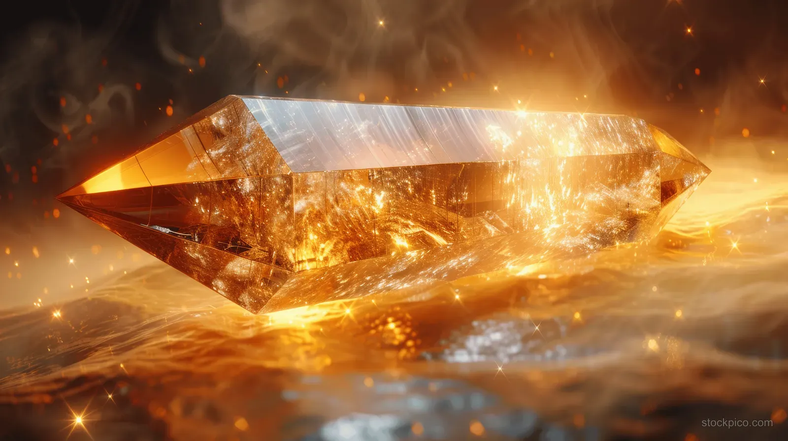 Golden light rays illuminate a glowing geometric crystal shard amid dark abstract smoke and sparks.