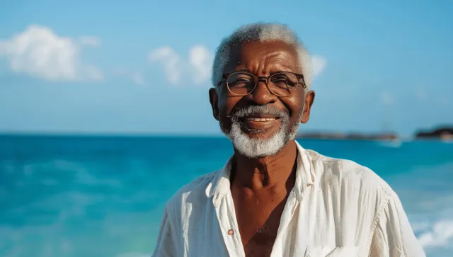 An African American senior man smiles by a sunny beach with turquoise ocean and blue sky behind him.