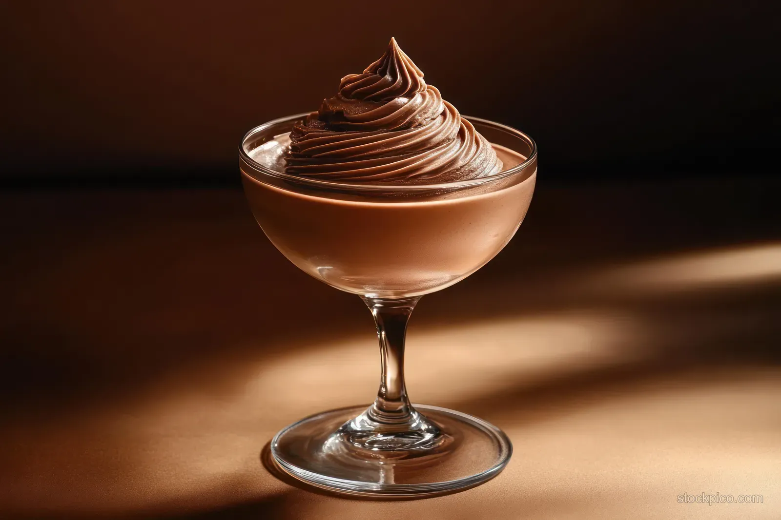 Creamy chocolate mousse with piped swirls sits in a coupe glass on a dark background.