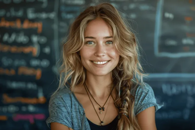 Smiling young teacher stands in a classroom before a blackboard filled with chalk math equations.