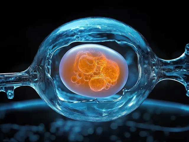 A microscopic cell in clear fluid contains glowing orange vesicles against a dark background.