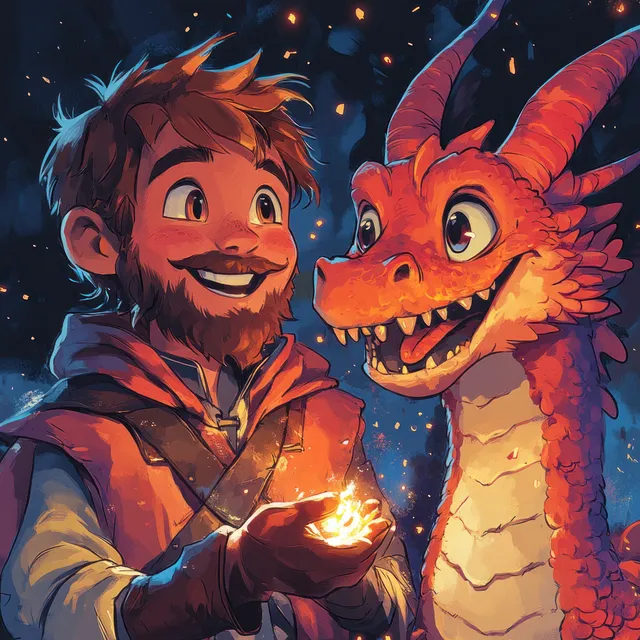 Cheerful knight character holding a glowing sword while a friendly dragon smiles beside him