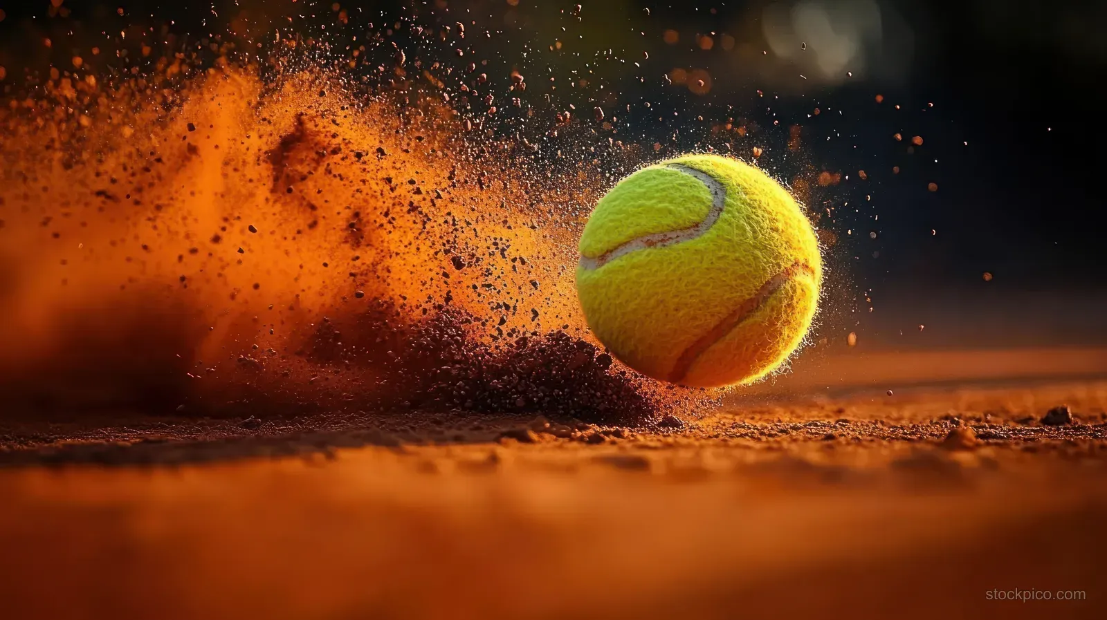 Yellow tennis ball bounces on orange clay court while dust particles explode into the air.