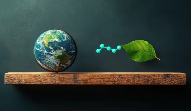 Earth globe, green leaf, and a molecular structure model balanced on a rustic wooden plank against a dark background.