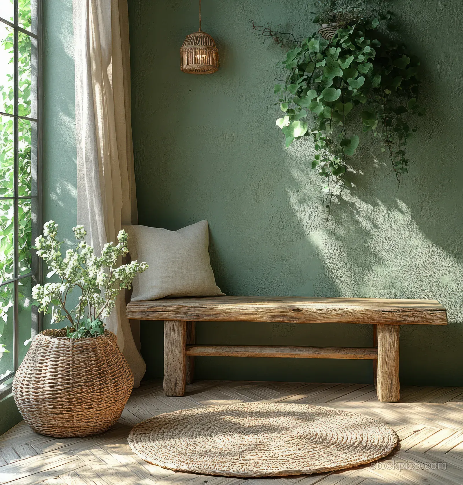 Wooden bench sits on a light rug beside an olive green wall with woven baskets, plants, and window curtains.