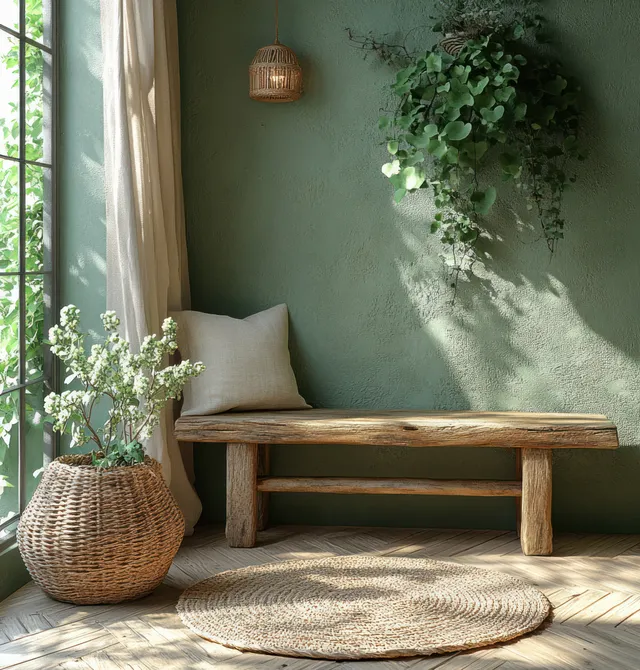 Wooden bench sits on a light rug beside an olive green wall with woven baskets, plants, and window curtains.