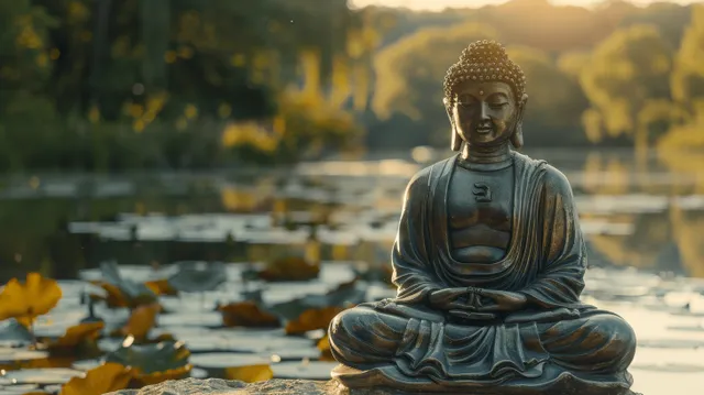 Buddha statue meditating by a riverside pond at golden hour, glowing water lilies nearby