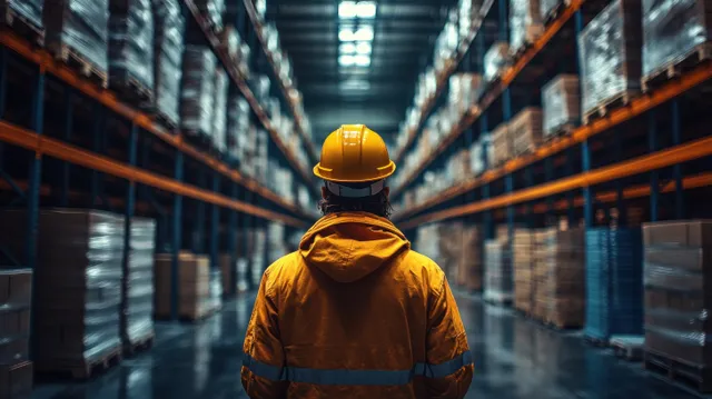 Construction worker in hard hat checking inventory on tablet inside warehouse aisle with Supply Chain Technology