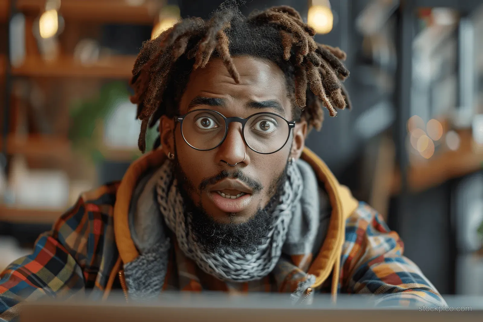 A surprised man with dreadlocks, glasses, and a plaid shirt looks at the camera in a warm cafe with soft lights behind him.