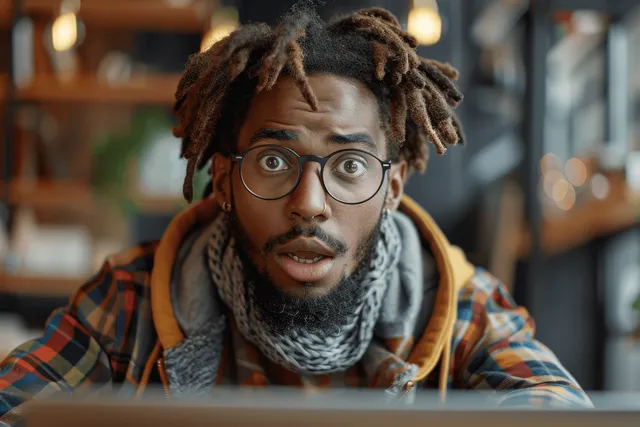 Surprised young man with dreadlocks and glasses in plaid shirt, warm cafe lighting