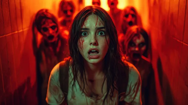 Terrified woman stands in a dark hallway as zombie-like figures surround her under orange lighting.