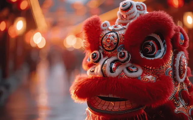 Close-up of an ornate Chinese lion dance head with embroidered details against a festive red Chinese New Year background.