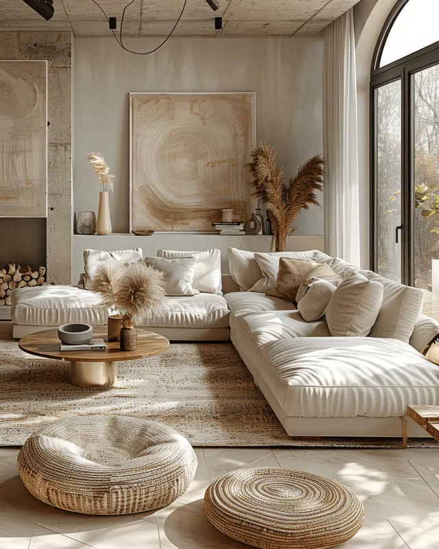 Beige boho living room with a low sofa, woven floor cushions, and sunlit window against a stucco wall.