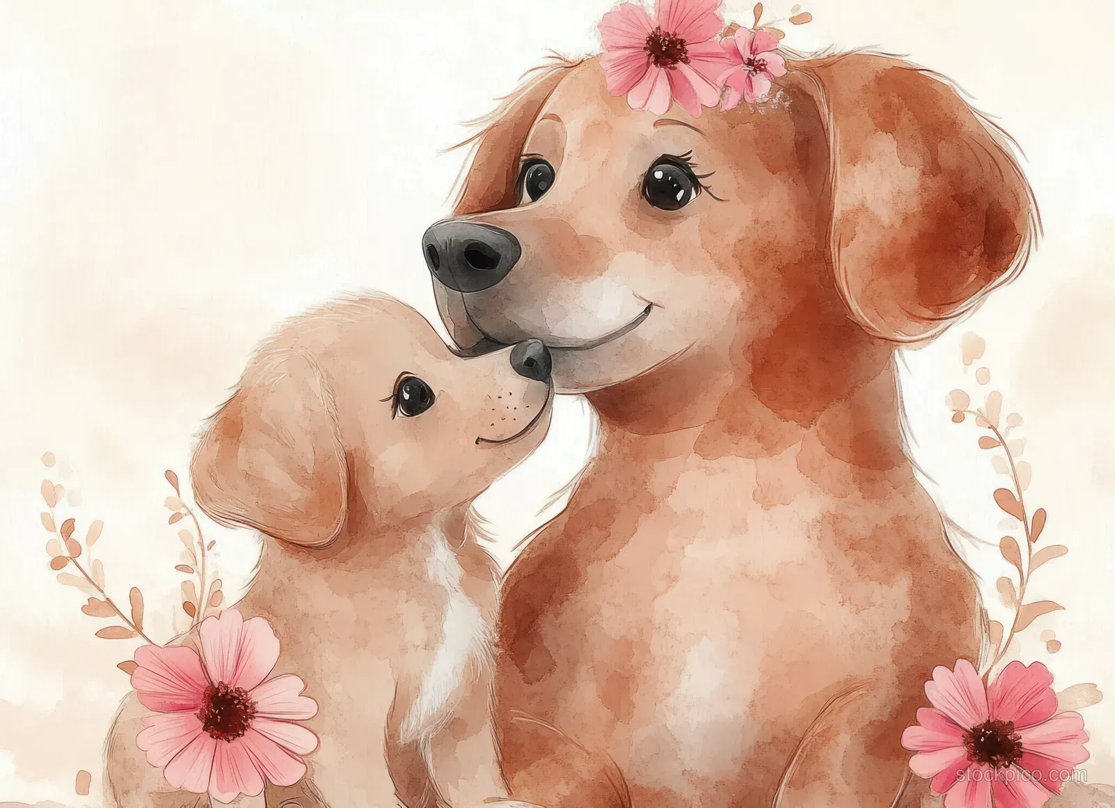 A puppy nuzzles an adult dog surrounded by pink flowers in a watercolor illustration.