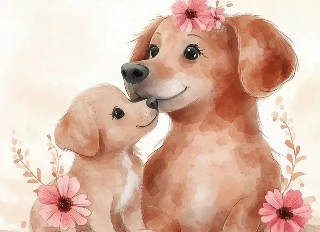 Affectionate puppy nuzzles adult dog among soft watercolor flowers