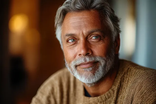 Middle-aged man in a nursing home, looking calmly into the camera with warm light