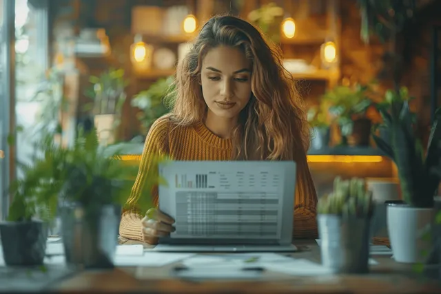 Businesswoman reviews a digital marketing checklist on a tablet at a cafe table with documents nearby.
