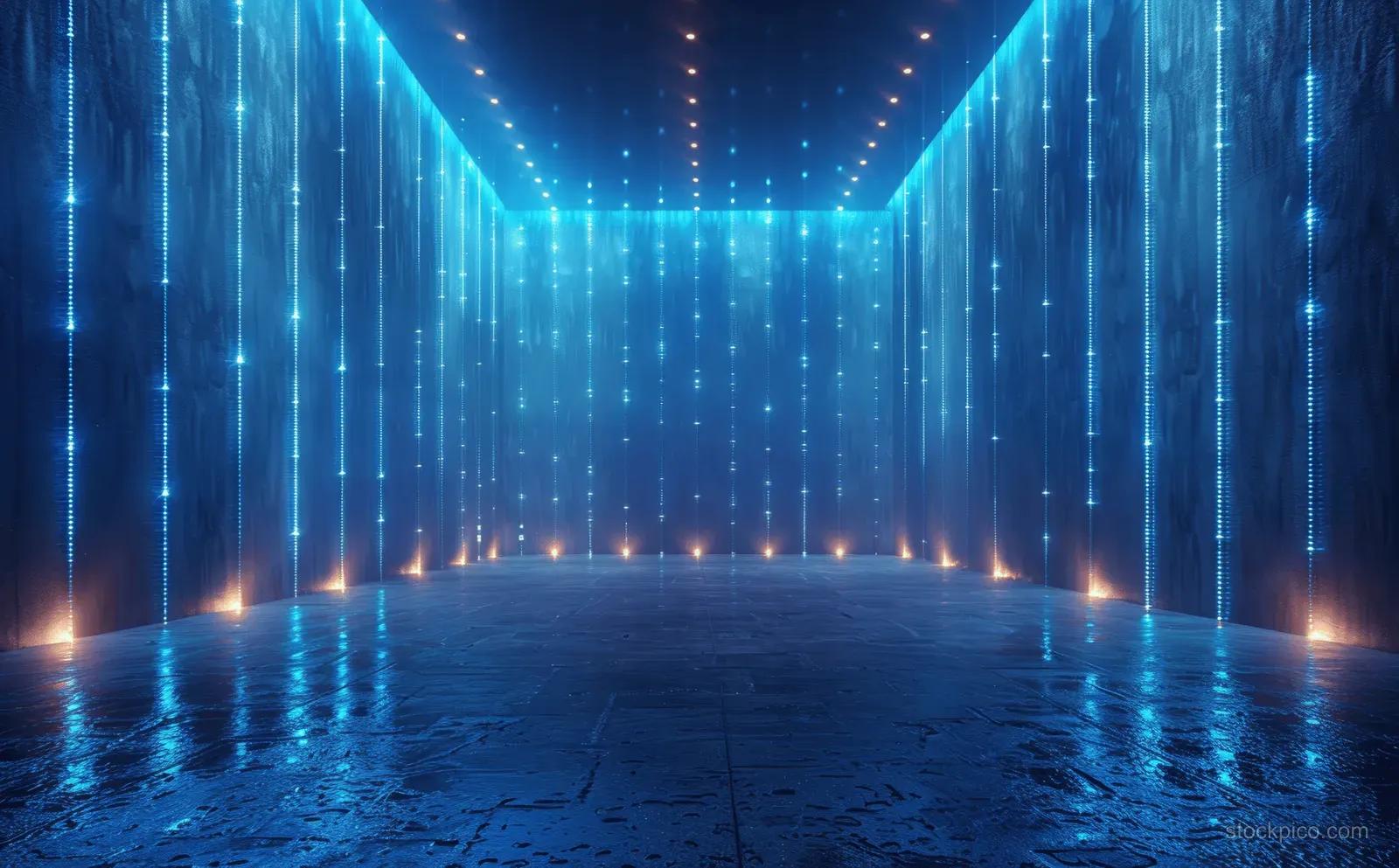 Minimalist blue interior corridor with vertical glowing light lines and illuminated ceiling panels over a reflective floor.