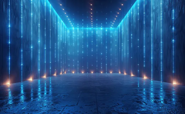 Minimalist blue interior corridor with vertical glowing light lines and illuminated ceiling panels over a reflective floor.