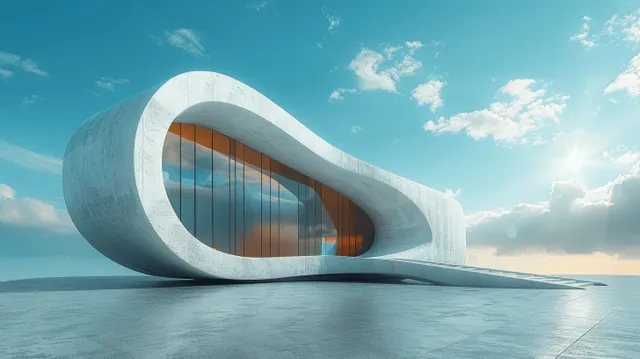 Wing-shaped futuristic building facade on a concrete slab beneath a blue sky.