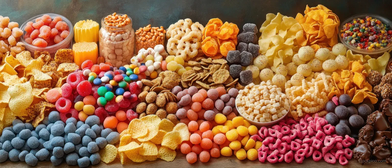 Colorful assorted candies and snack pieces piled on a wooden surface, showing crunchy and chewy textures.
