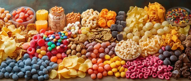Colorful assorted candies and snack pieces piled on a wooden surface, showing crunchy and chewy textures.