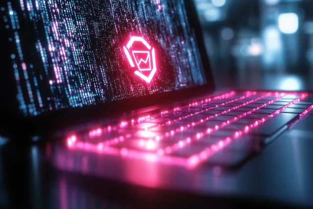 Cyberpunk laptop screen showing breach warning icon with neon code glow and glowing keyboard