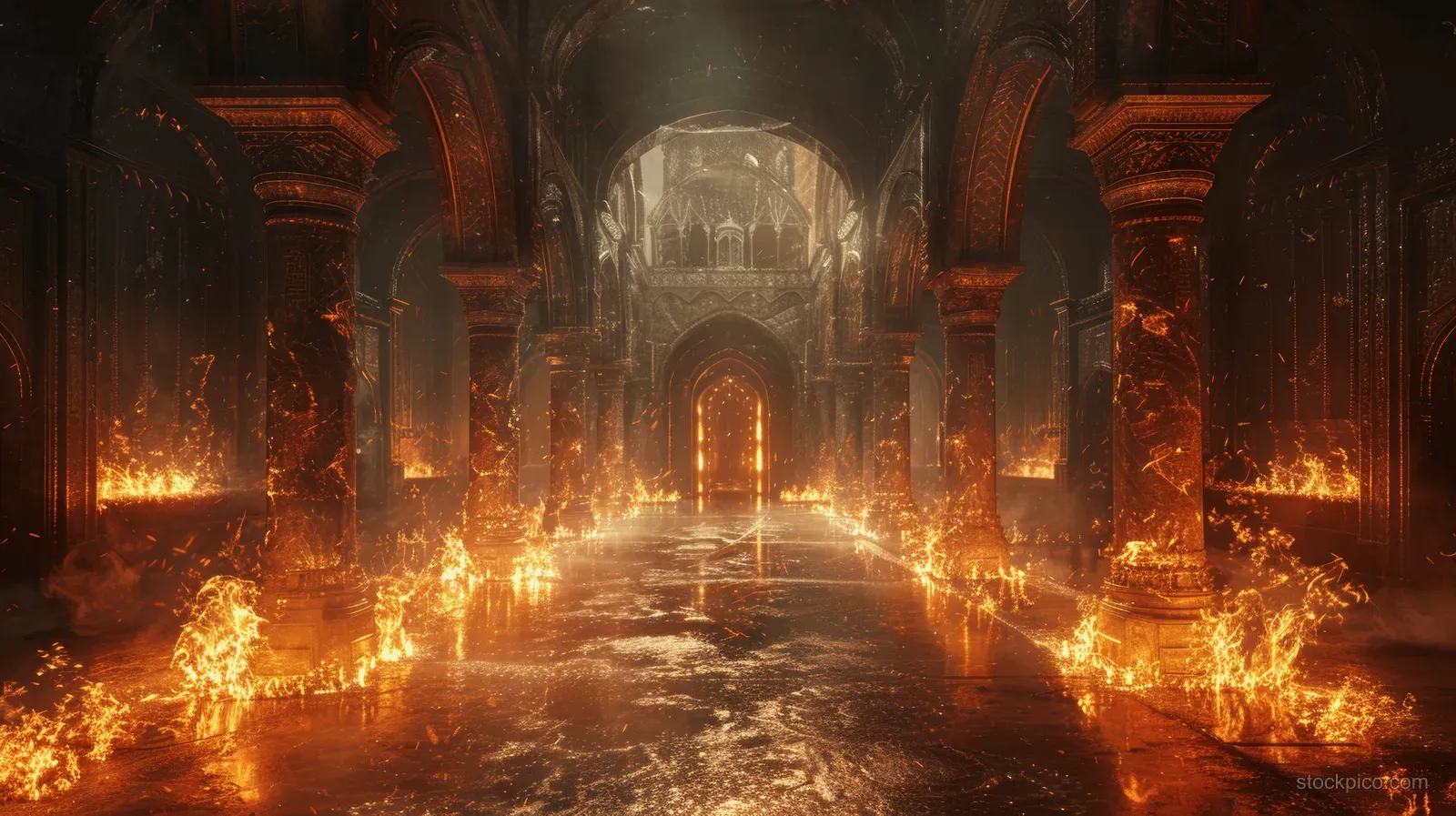 Ultra-realistic ancient castle corridor with arched doorways, tall columns, and flickering flames creating a dramatic atmosphere.