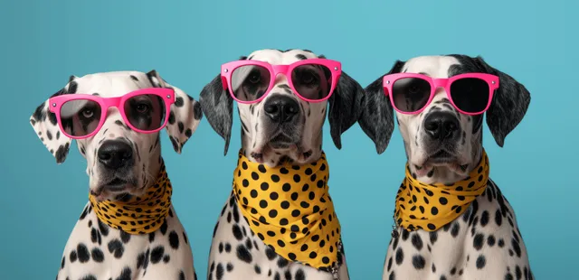 Dalmatian dogs wearing pink sunglasses and yellow bandanas posed on a solid blue backdrop