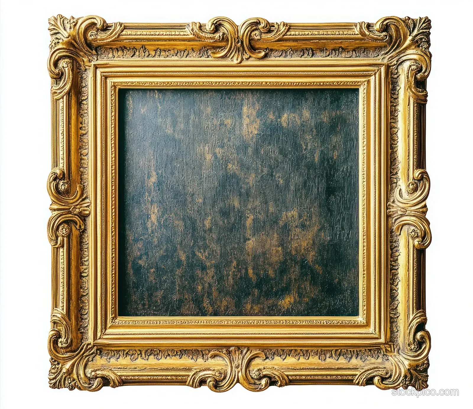 A rectangular ornate gold baroque picture frame with an empty dark textured center.